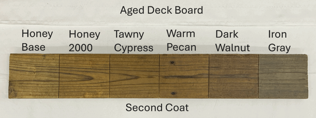 Aged deck board with 6 different colors of Woodguard Deck